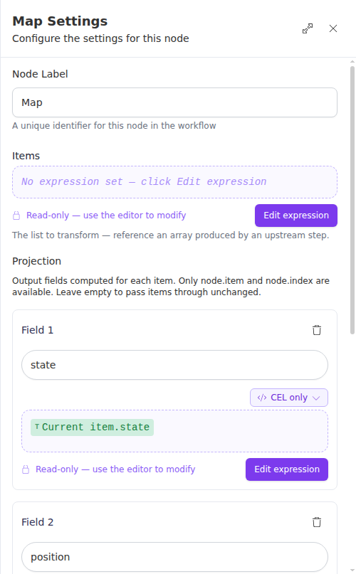 The Map node configuration panel, showing the items list and the per-item projection fields.