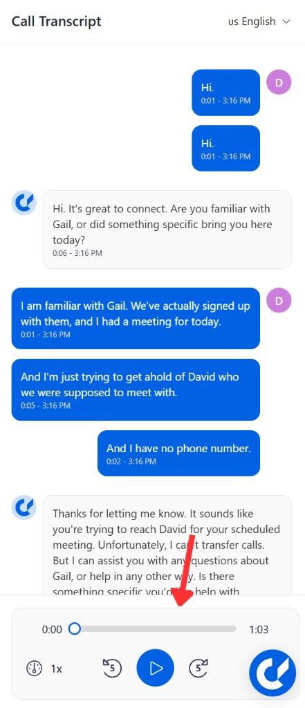 Call transcript with audio player