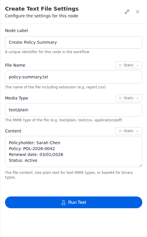 The Create Text File configuration panel, showing the file name, media type, and content fields.