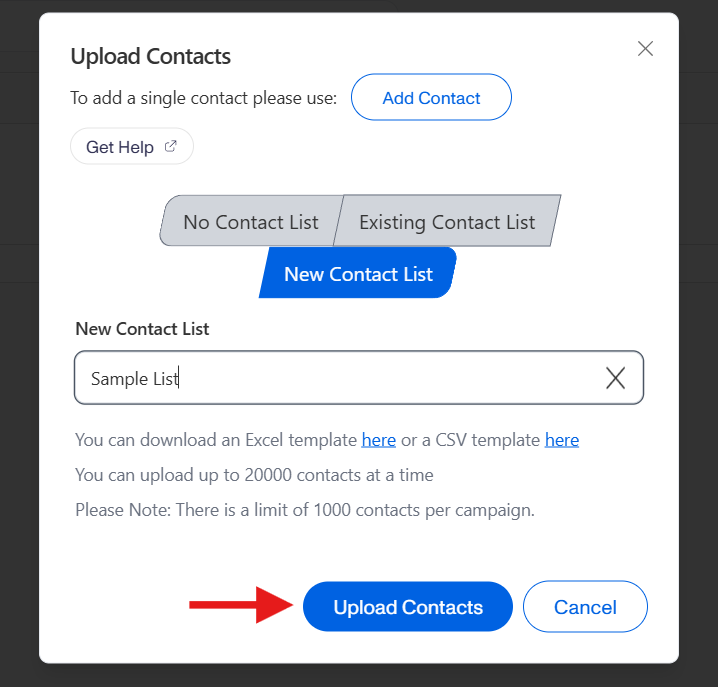 Upload Contacts button for bulk upload