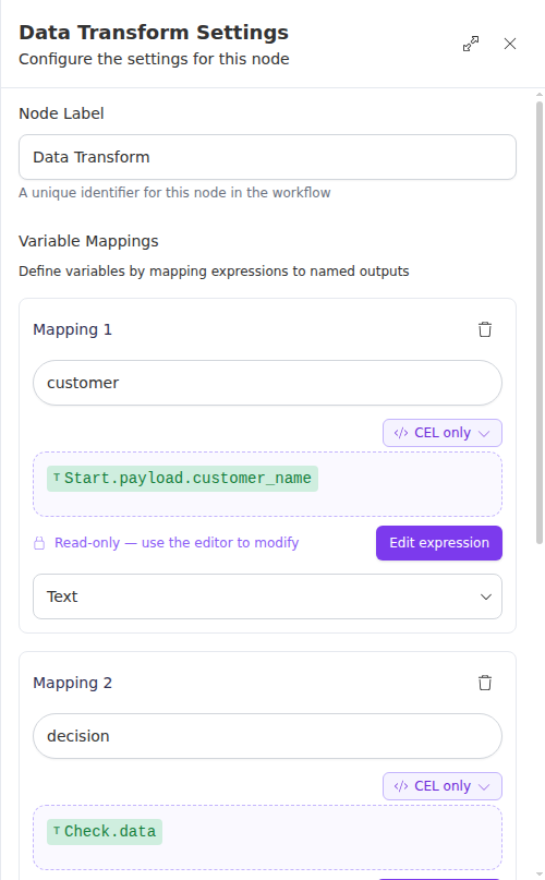 The Data Transform node configuration panel, showing named variable mappings.
