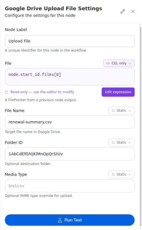 The Google Drive Upload File node configuration panel, showing the file, file name, and folder.