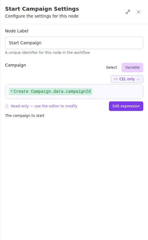 The Start Campaign node configuration panel, showing the campaign ID field.
