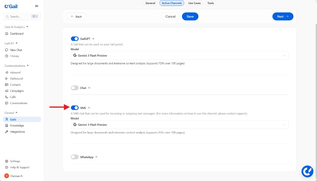 SMS Channel Enable