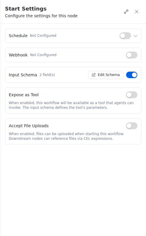 The Start node configuration panel, showing schedule, webhook, input schema, and file-upload options.
