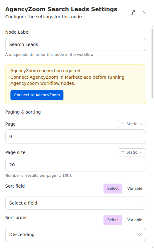 The AgencyZoom Search Leads node configuration panel, showing the filters and paging.