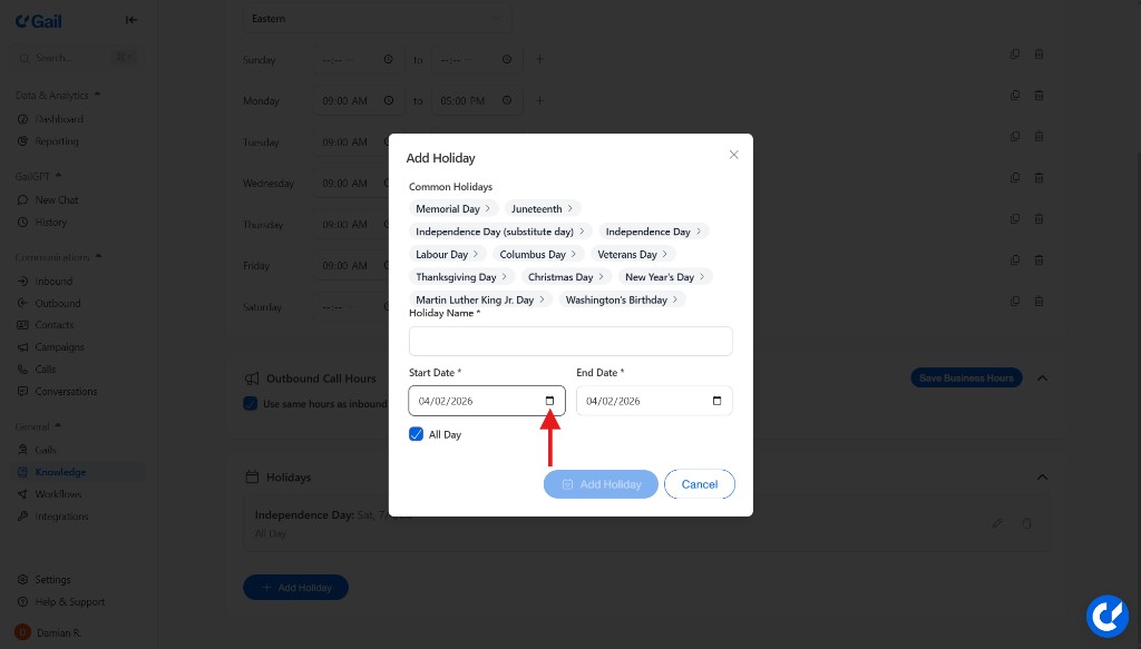 Add Holiday Dialog