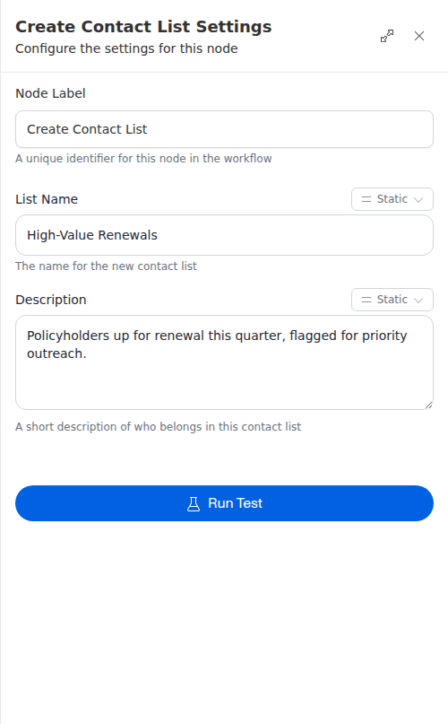 The Create Contact List node configuration panel, showing the list name and description.