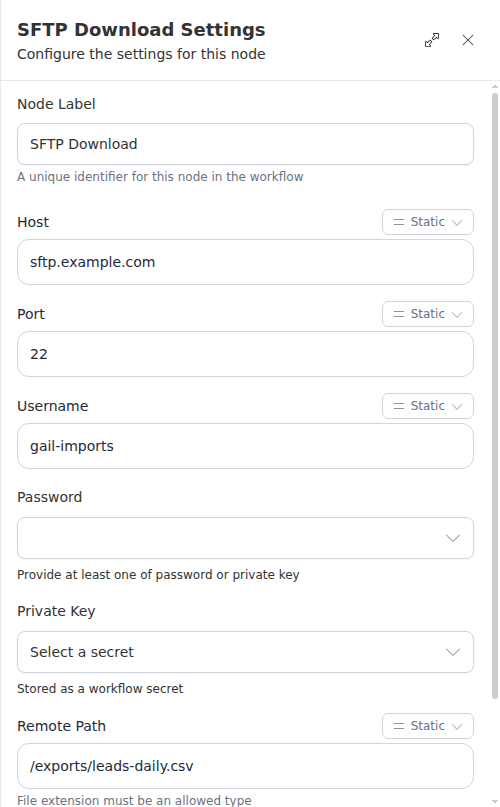 The SFTP Download settings panel: host, port, username, remote path, and secret pickers for the password and private key.