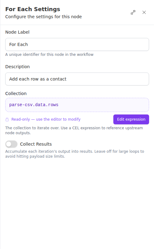 The For Each settings panel: the collection set to parse-csv.data.rows with the collect-results option.