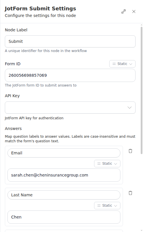 The JotForm Submit node configuration panel, showing the form id, answers, and API key.