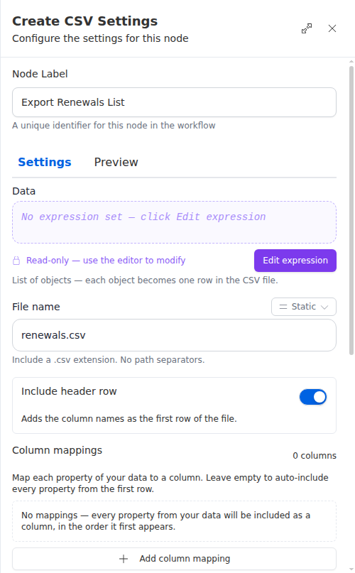 The Create CSV configuration panel, showing the rows source and file name fields.