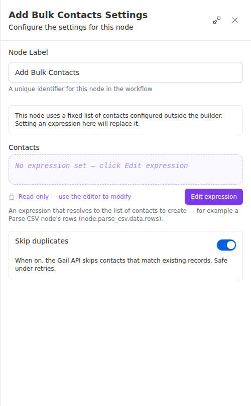 The Add Bulk Contacts node configuration panel, showing the contacts list and duplicate-skip setting.