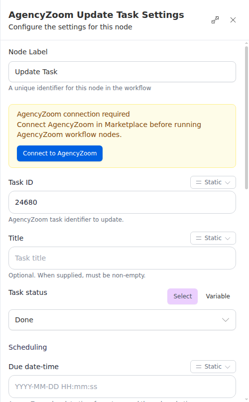 The AgencyZoom Update Task node configuration panel, showing the task id and the fields to change.
