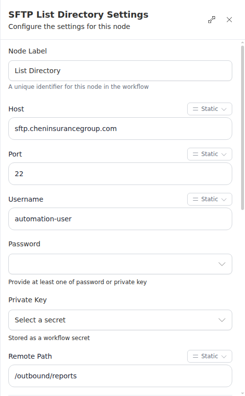 The SFTP List Directory node configuration panel, showing the server, directory, and filters.