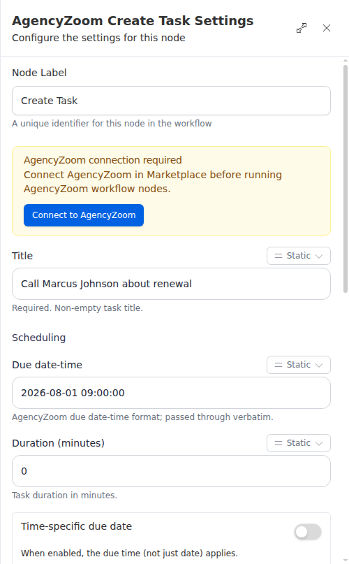 The AgencyZoom Create Task node configuration panel, showing the title, due time, and links.