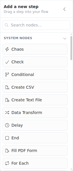 The Add a new step picker, listing the steps you can add to a workflow.