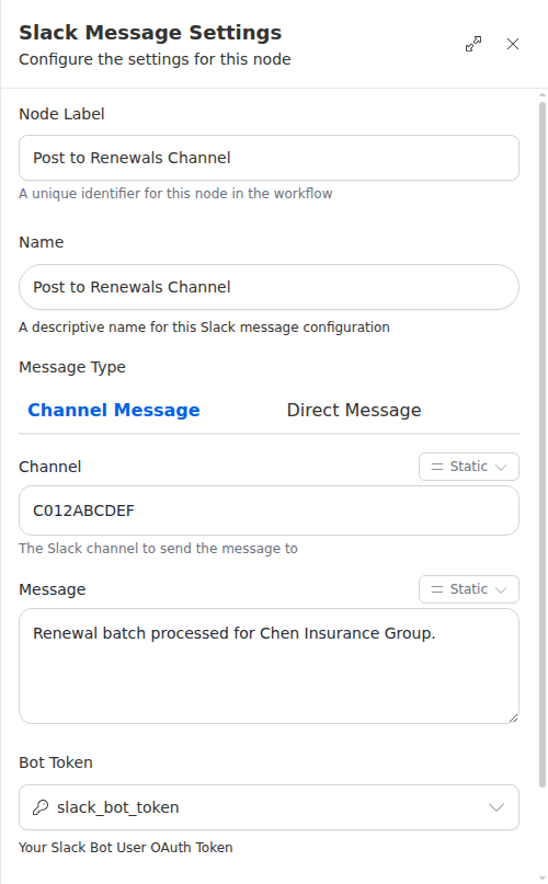 The Channel Message configuration panel, showing the channel, message, and connection fields.