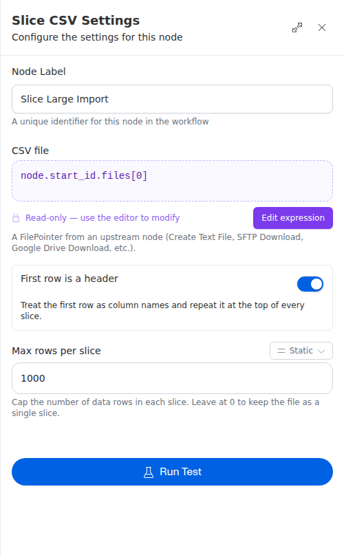 The Slice CSV configuration panel, showing the file source, header setting, and max rows.