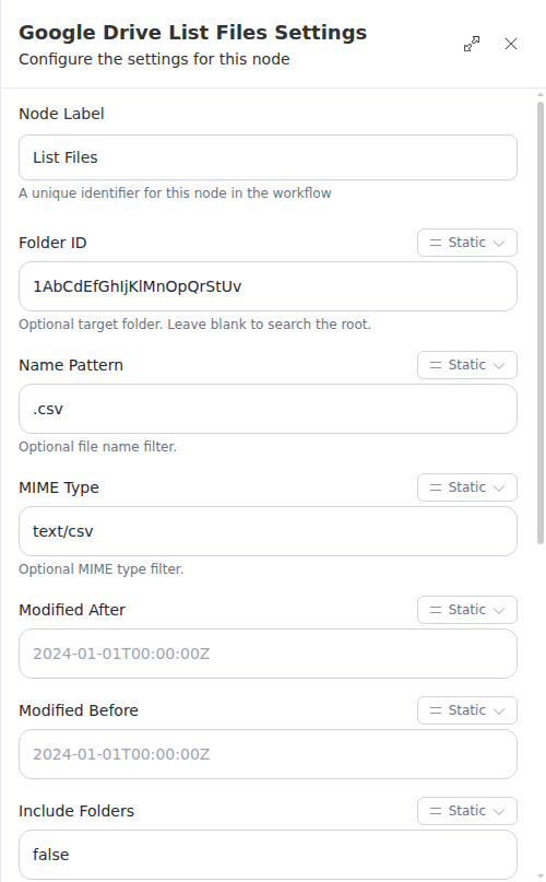 The Google Drive List Files node configuration panel, showing the folder, filters, and sort order.
