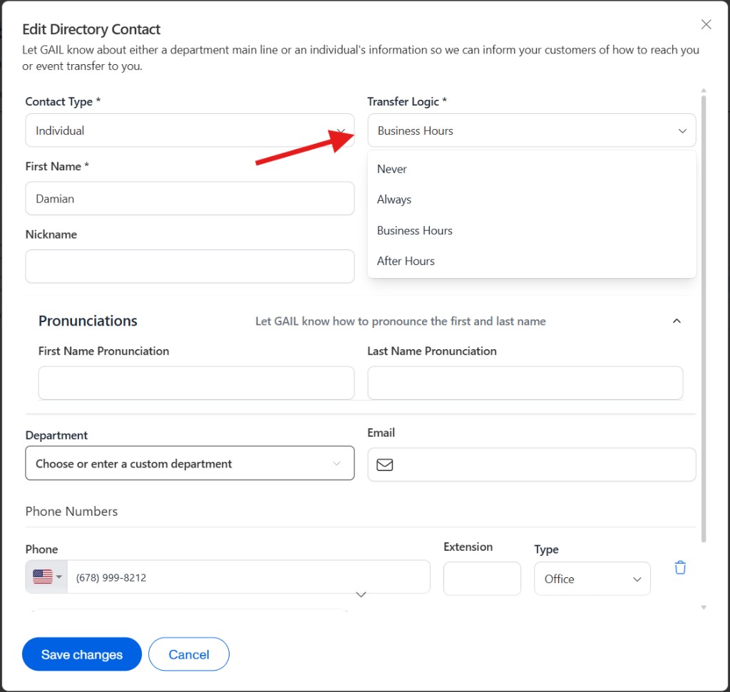 Edit Directory Contact with Transfer Logic