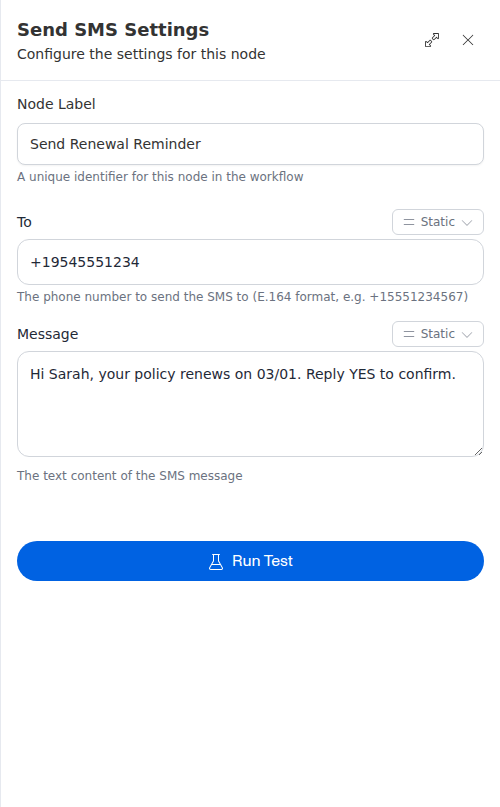 The Send SMS configuration panel, showing the destination number and message fields.