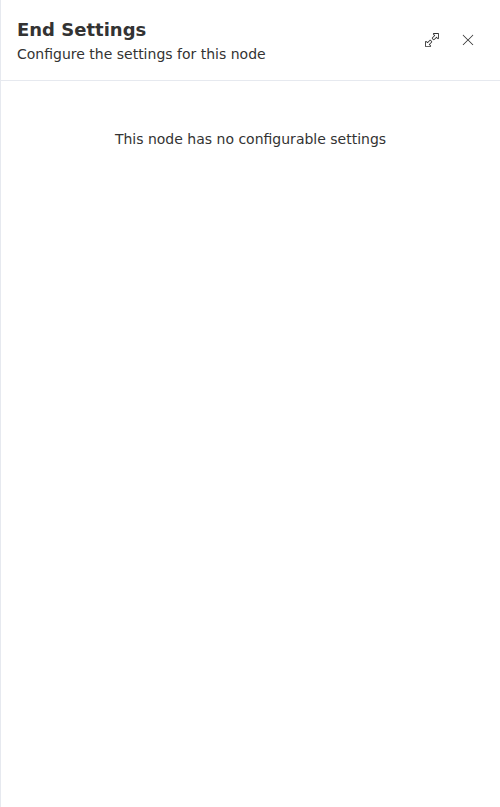 The End node selected on the canvas, with a settings panel noting it has no configurable options.
