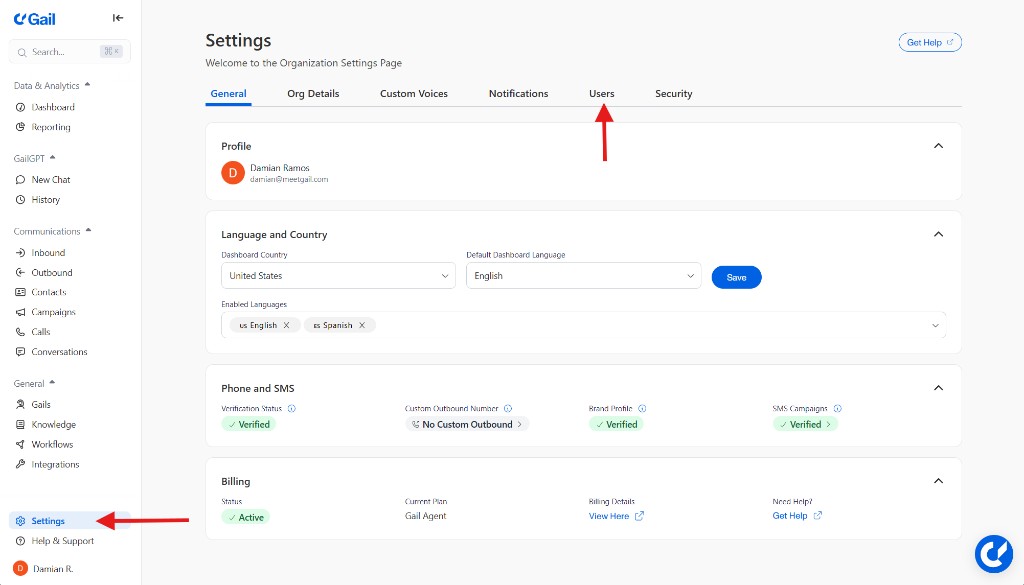 Settings Users
