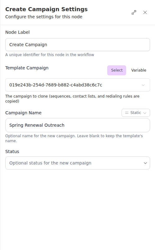 The Create Campaign node configuration panel, showing the template campaign, name, and status.