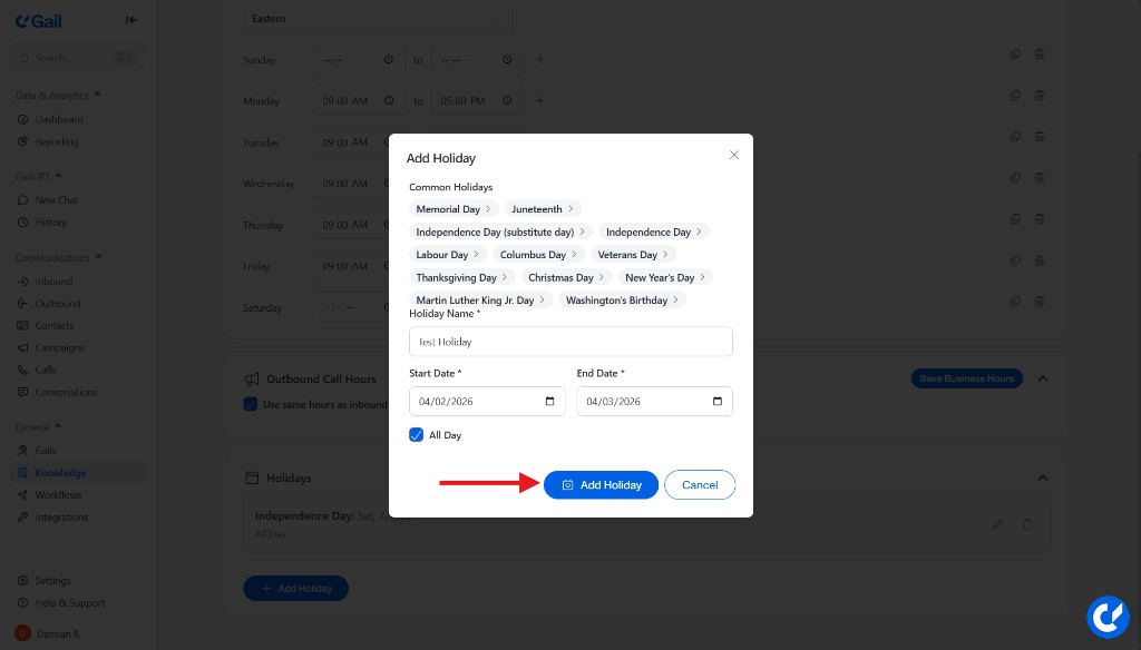 Add Holiday Confirm