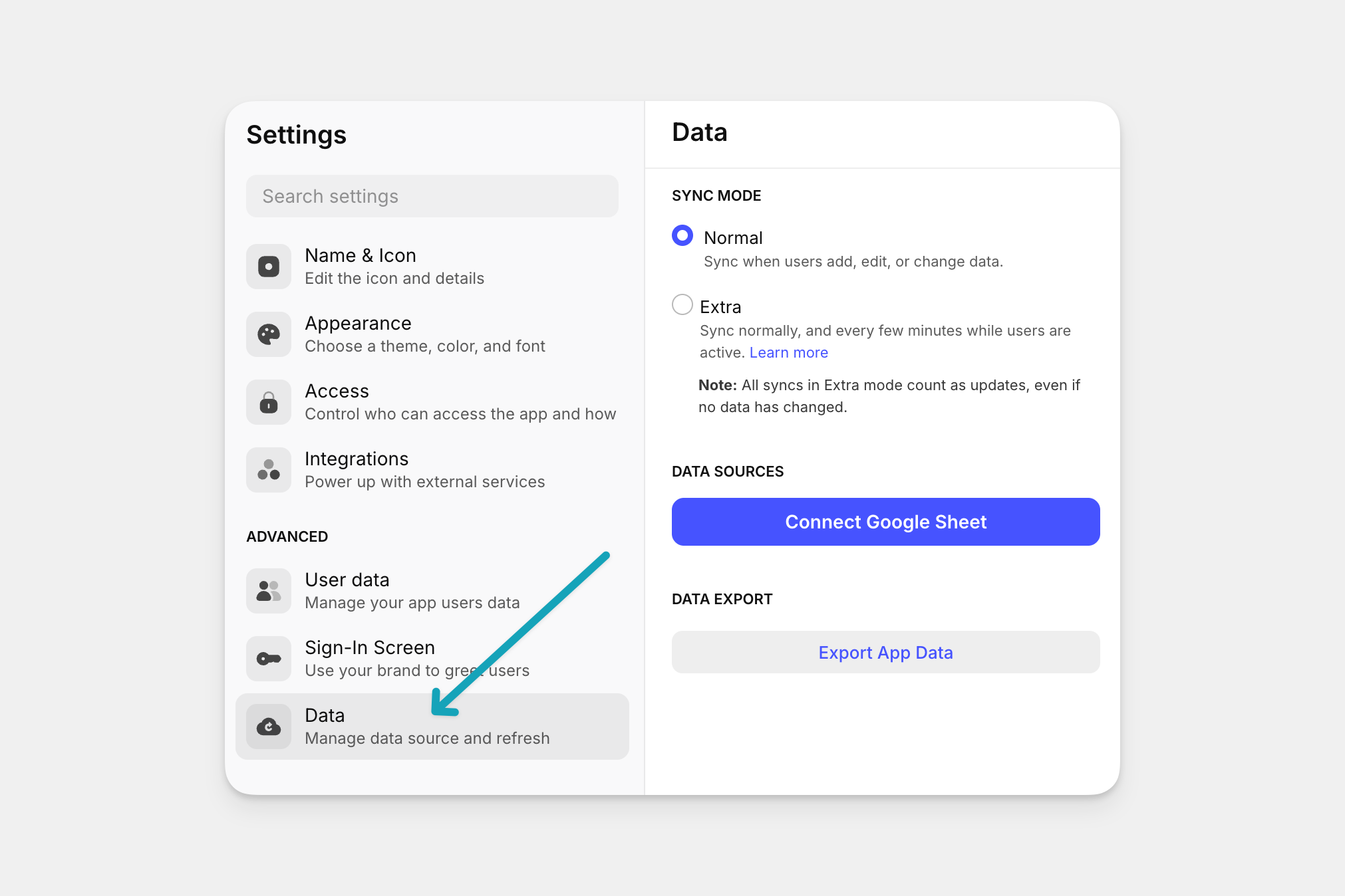 The Data Settings section