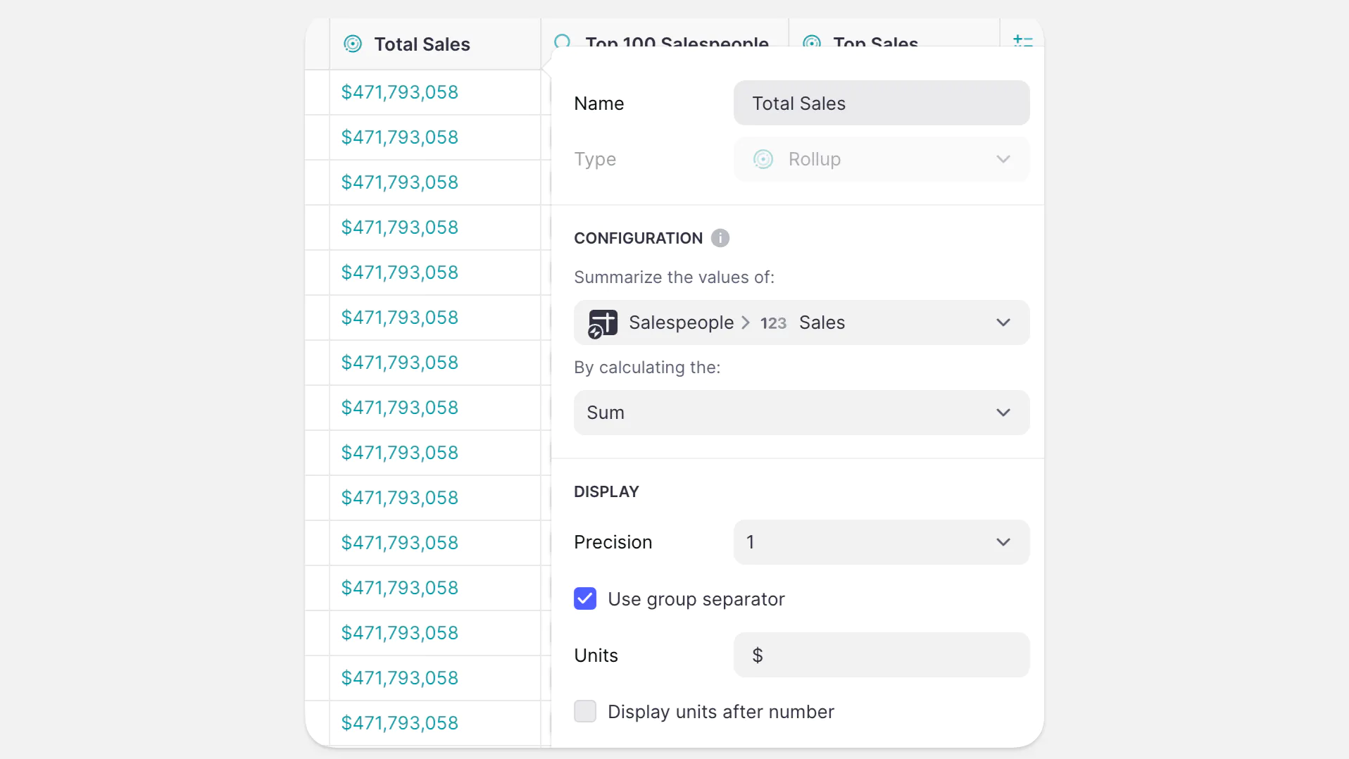 A Rollup column with the sum of all sales.