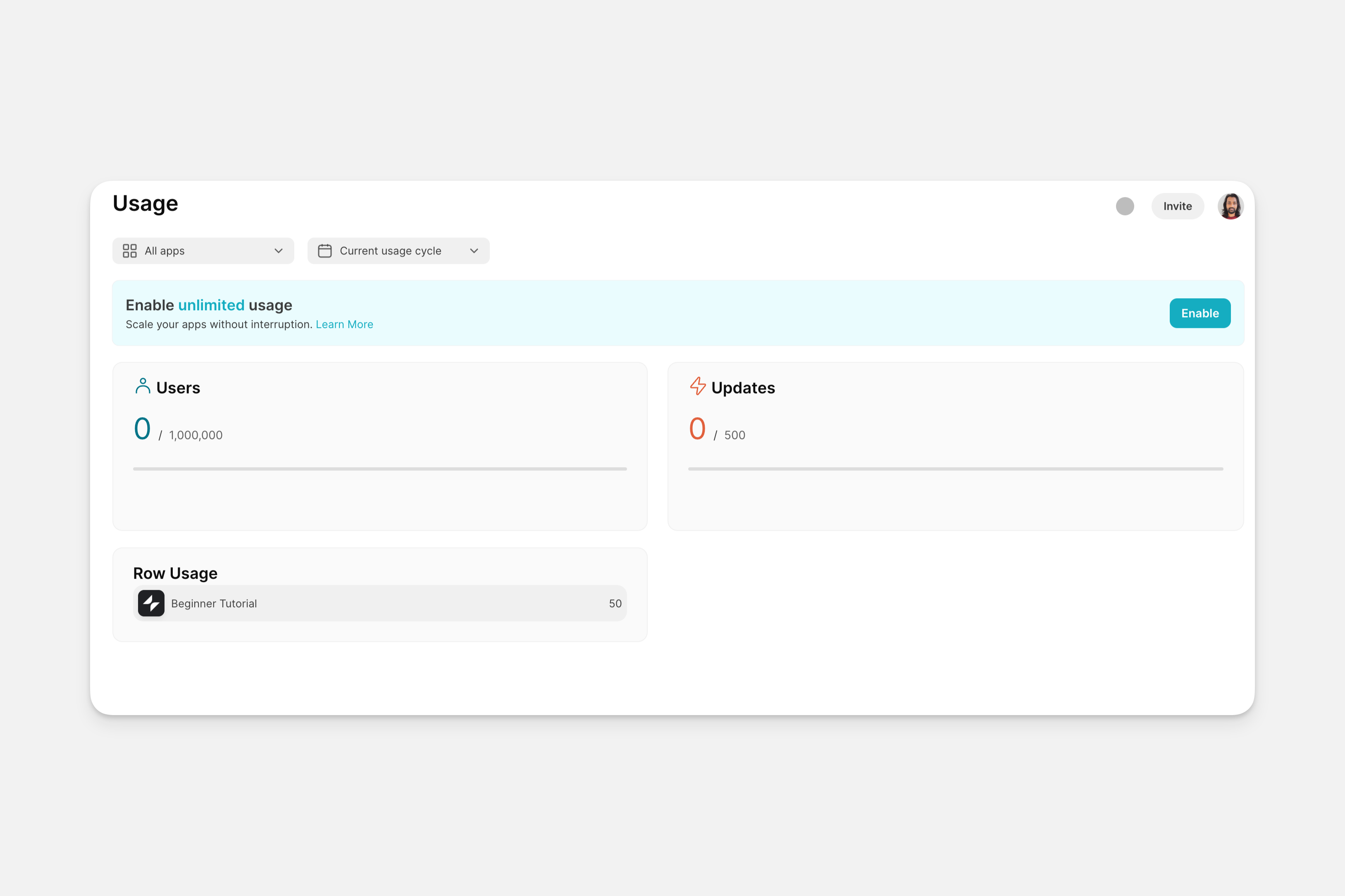 Row usage for all of the apps in your team.