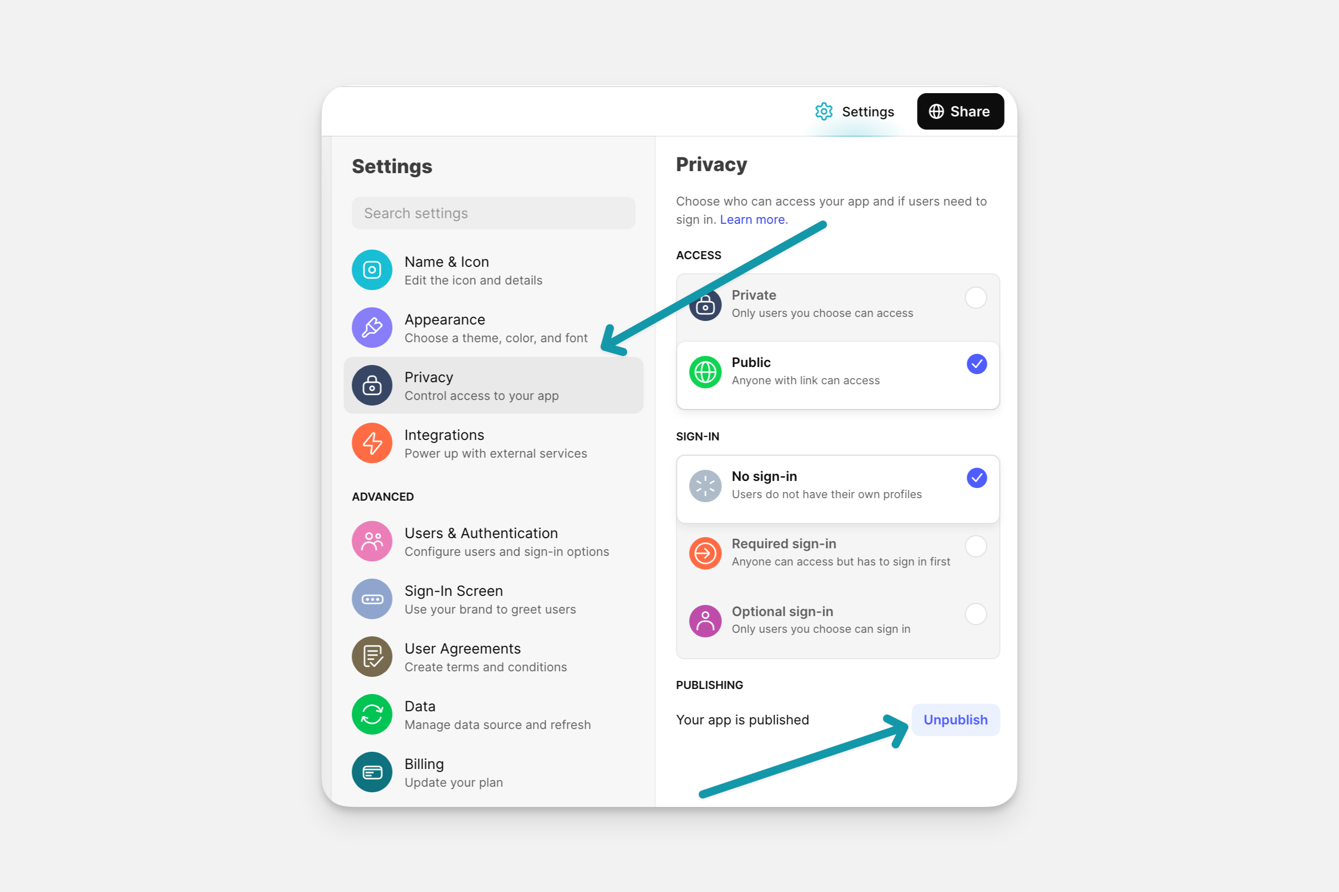 The Unpublish button in the Privacy Settings of an app.