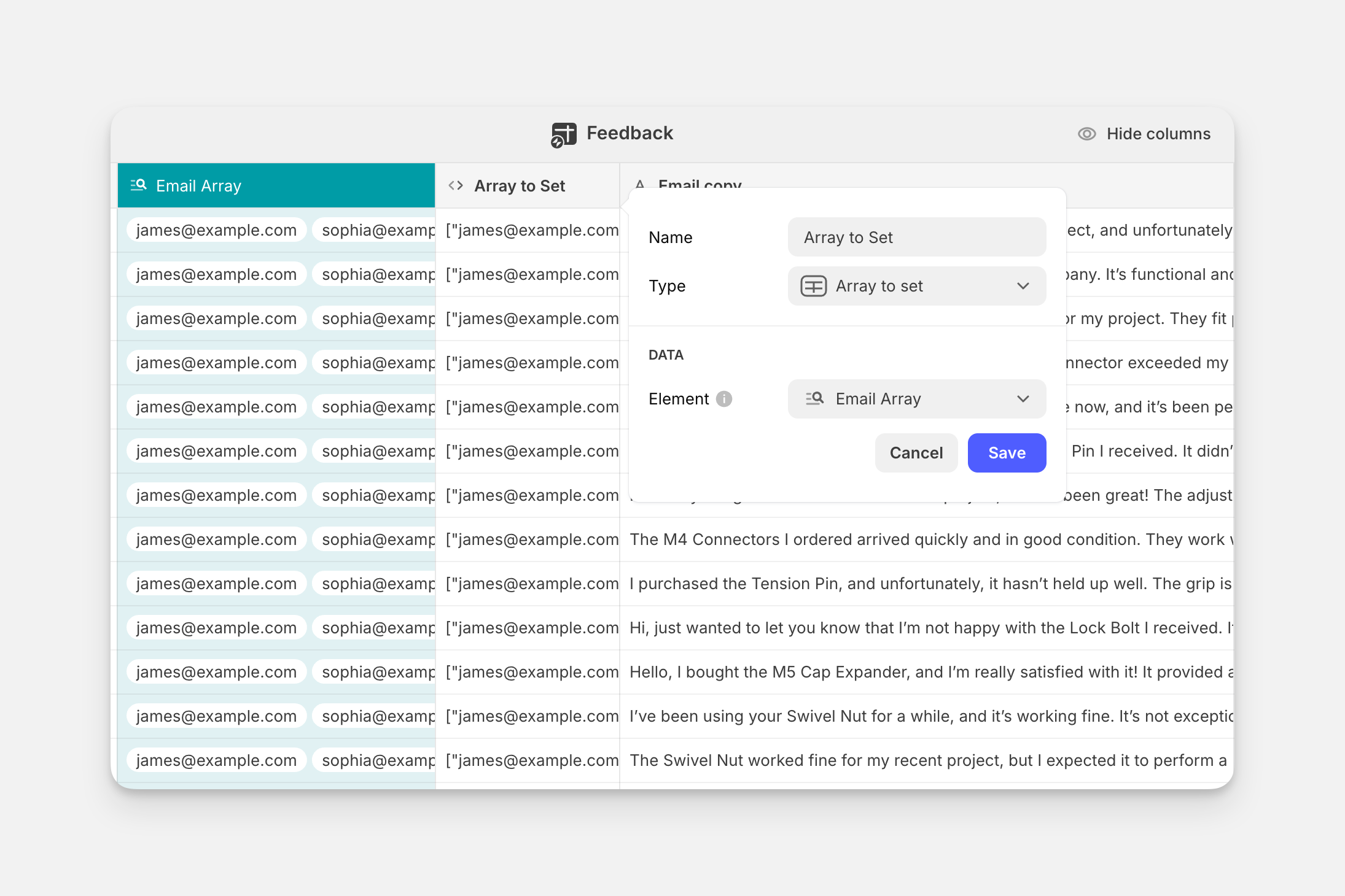 A set containing a list of email addresses.