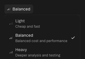 The Model Picker showing Light, Balanced, and Heavy modes