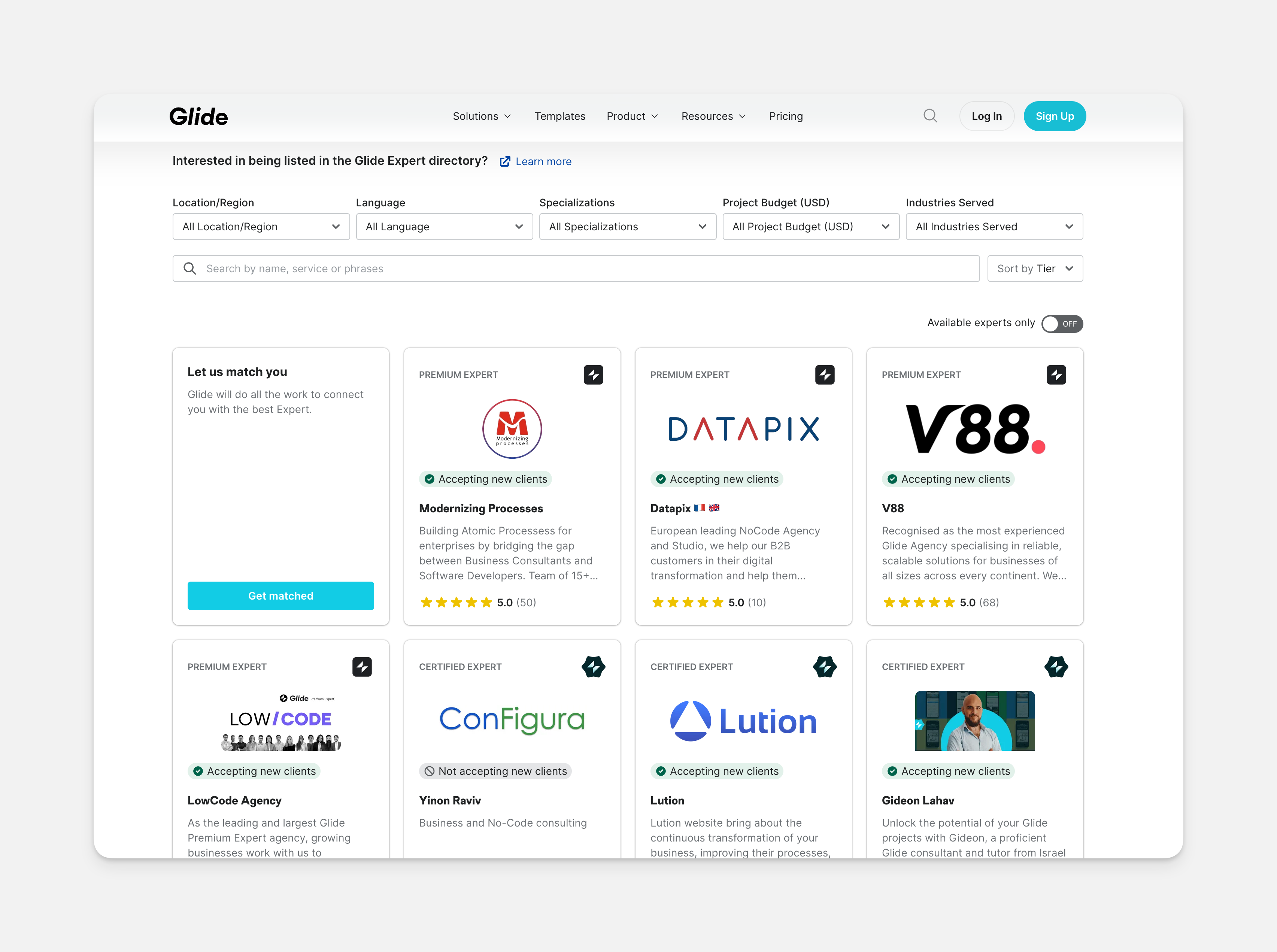View of the Expert Directory and Service Marketplace