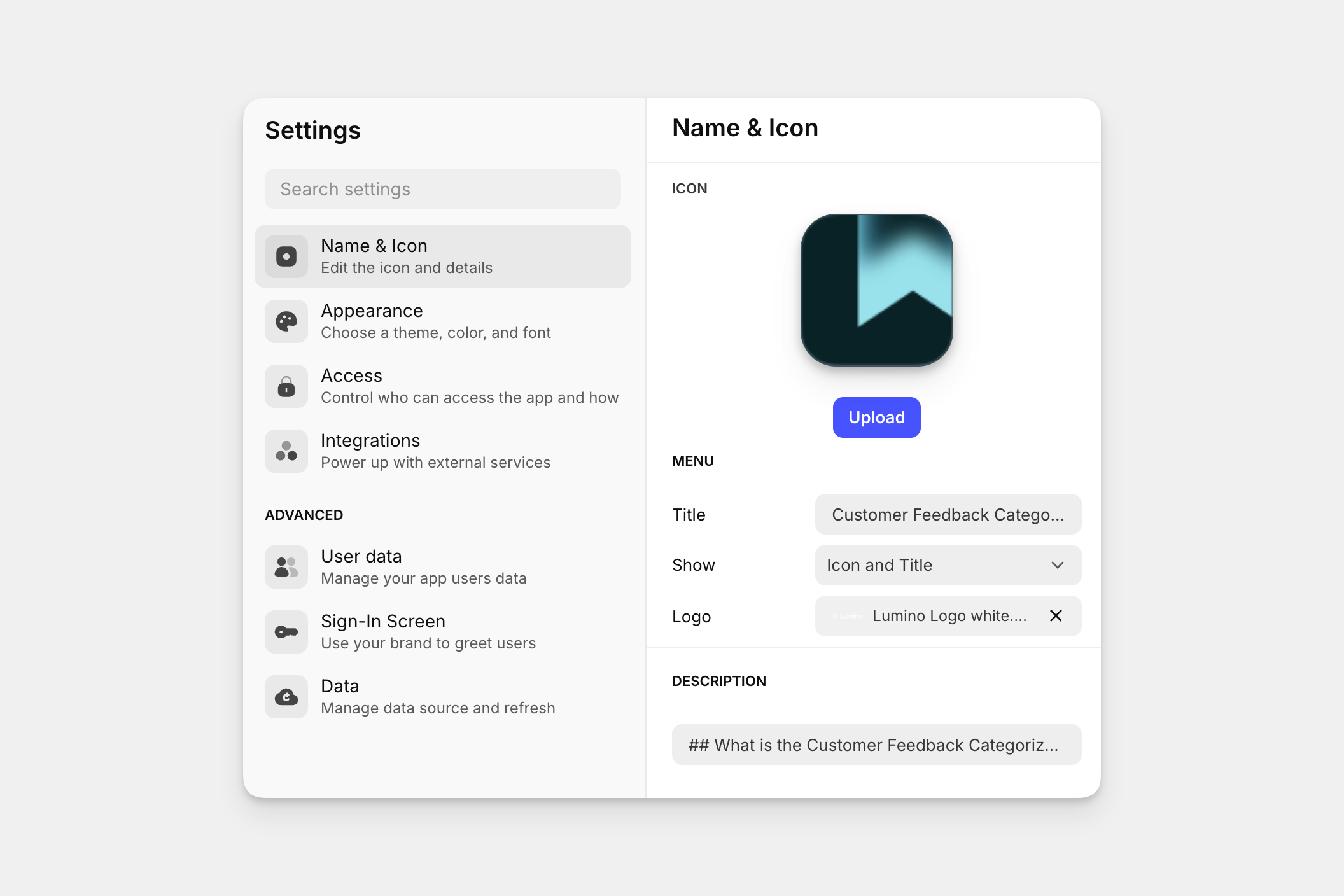 The Name & Icon settings section