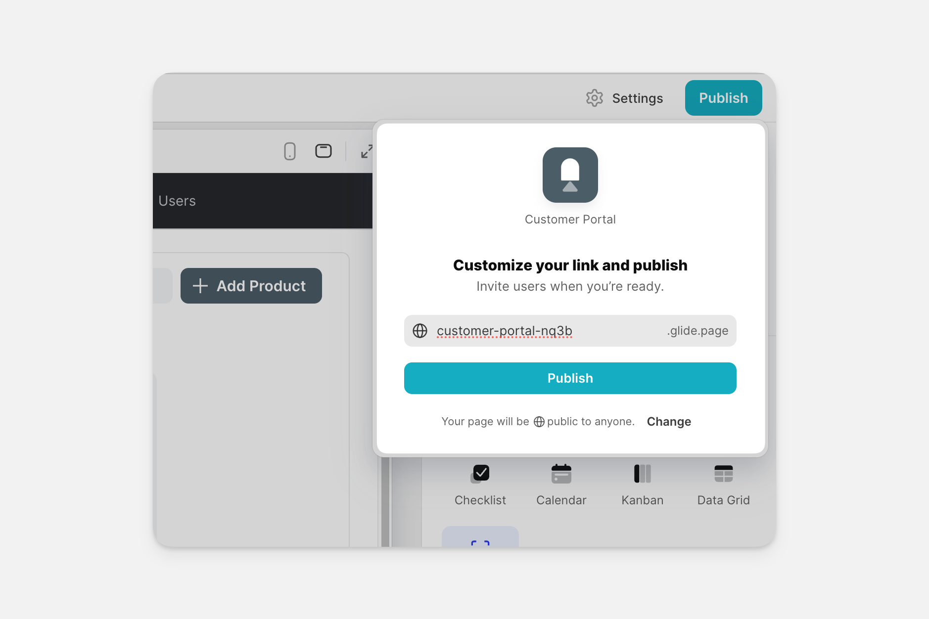 The window where you can change your app link and publish it.