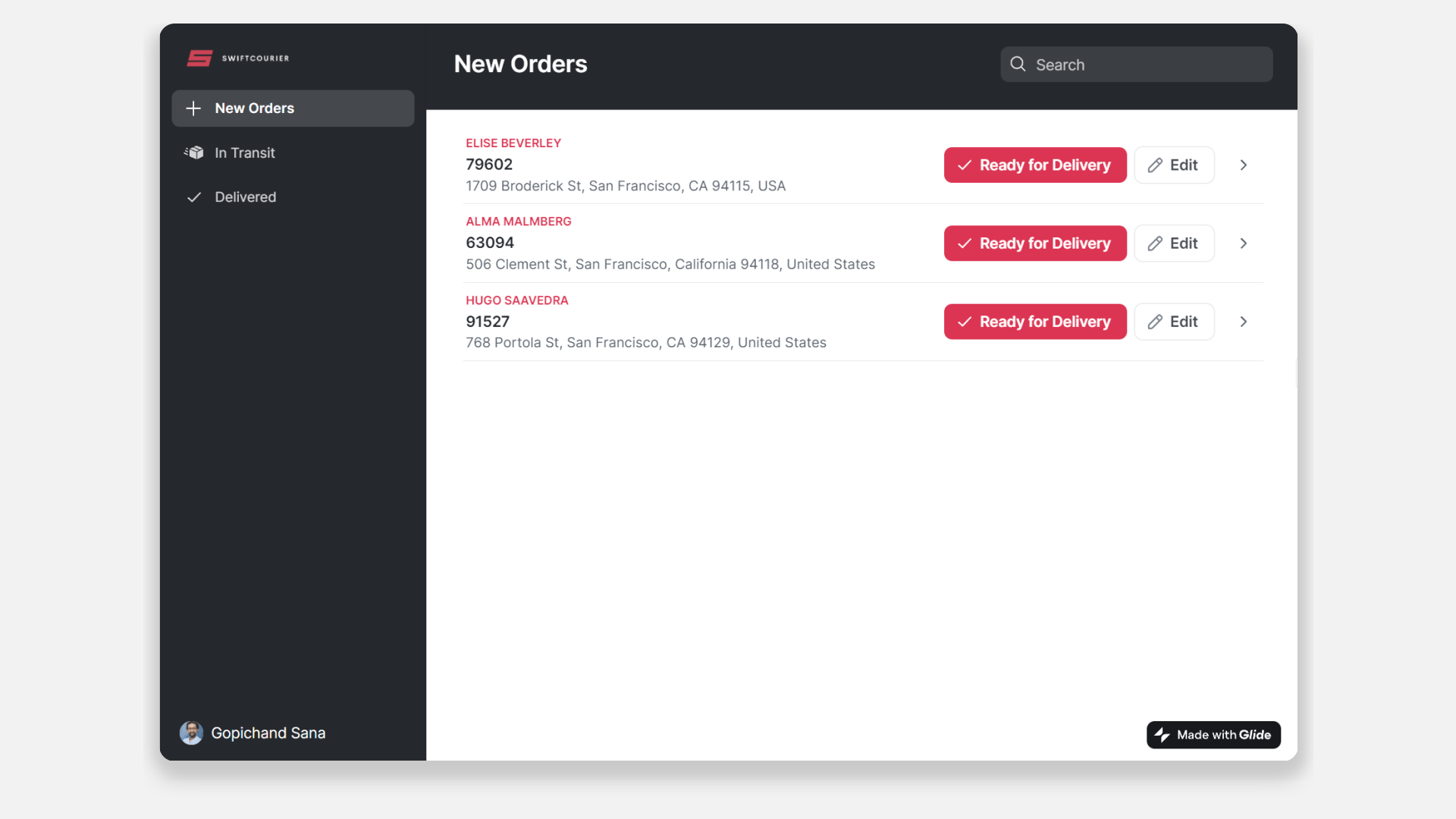 SwiftCourier app for managing new orders and deliveries.