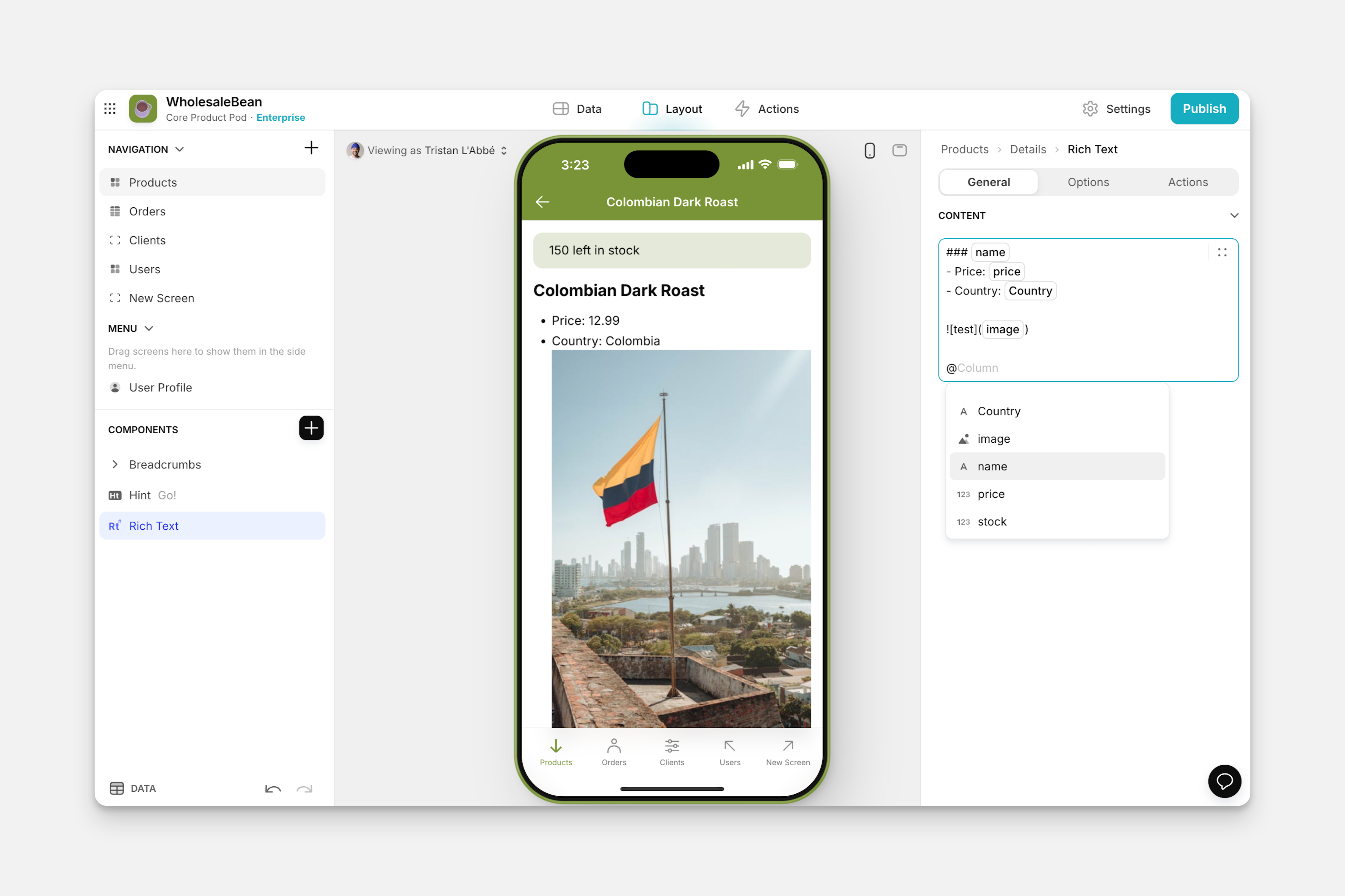 An app with column references showing in the component options.