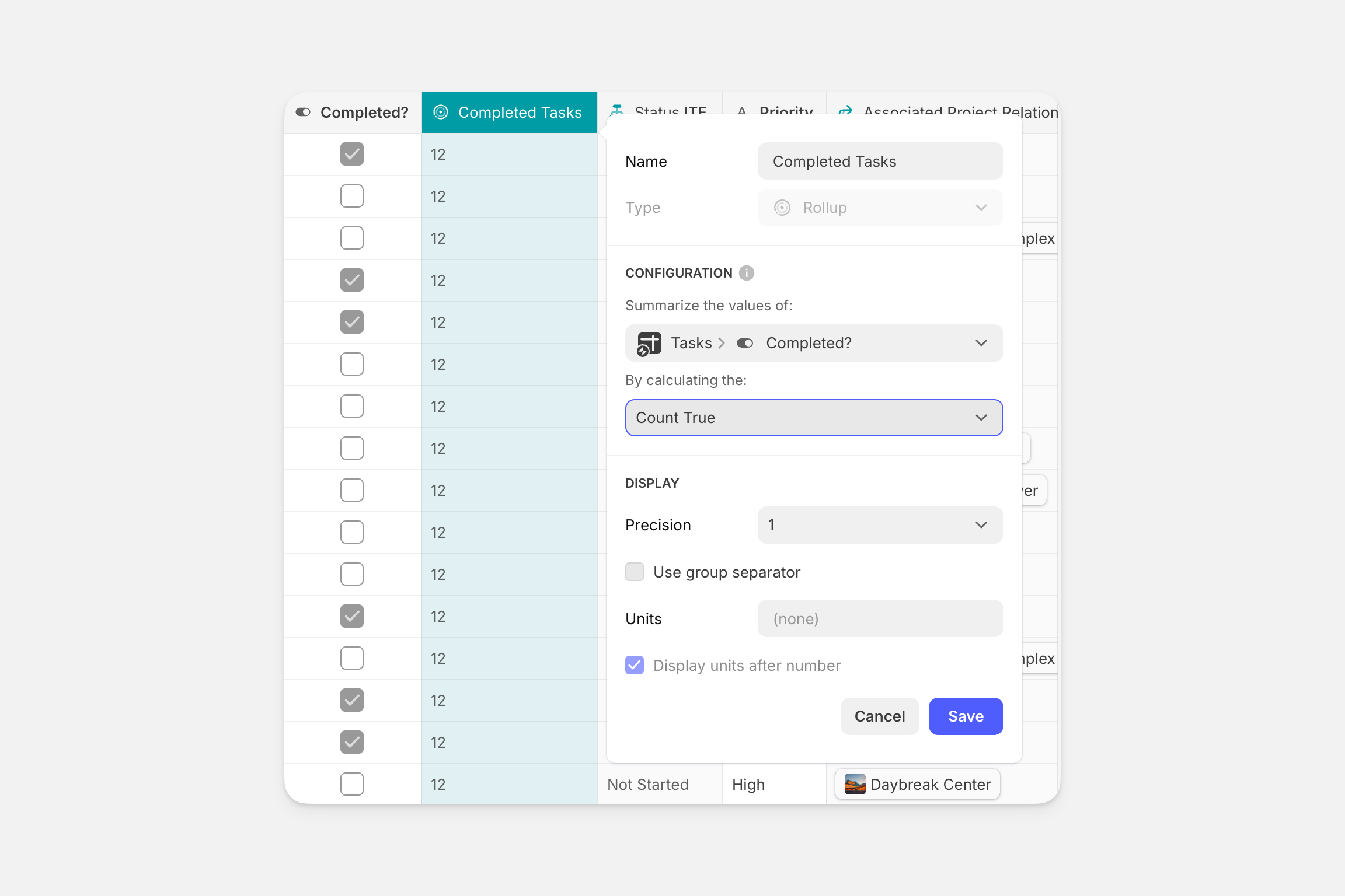 Creating a Rollup Column that counts all the tasks with the values of TRUE.