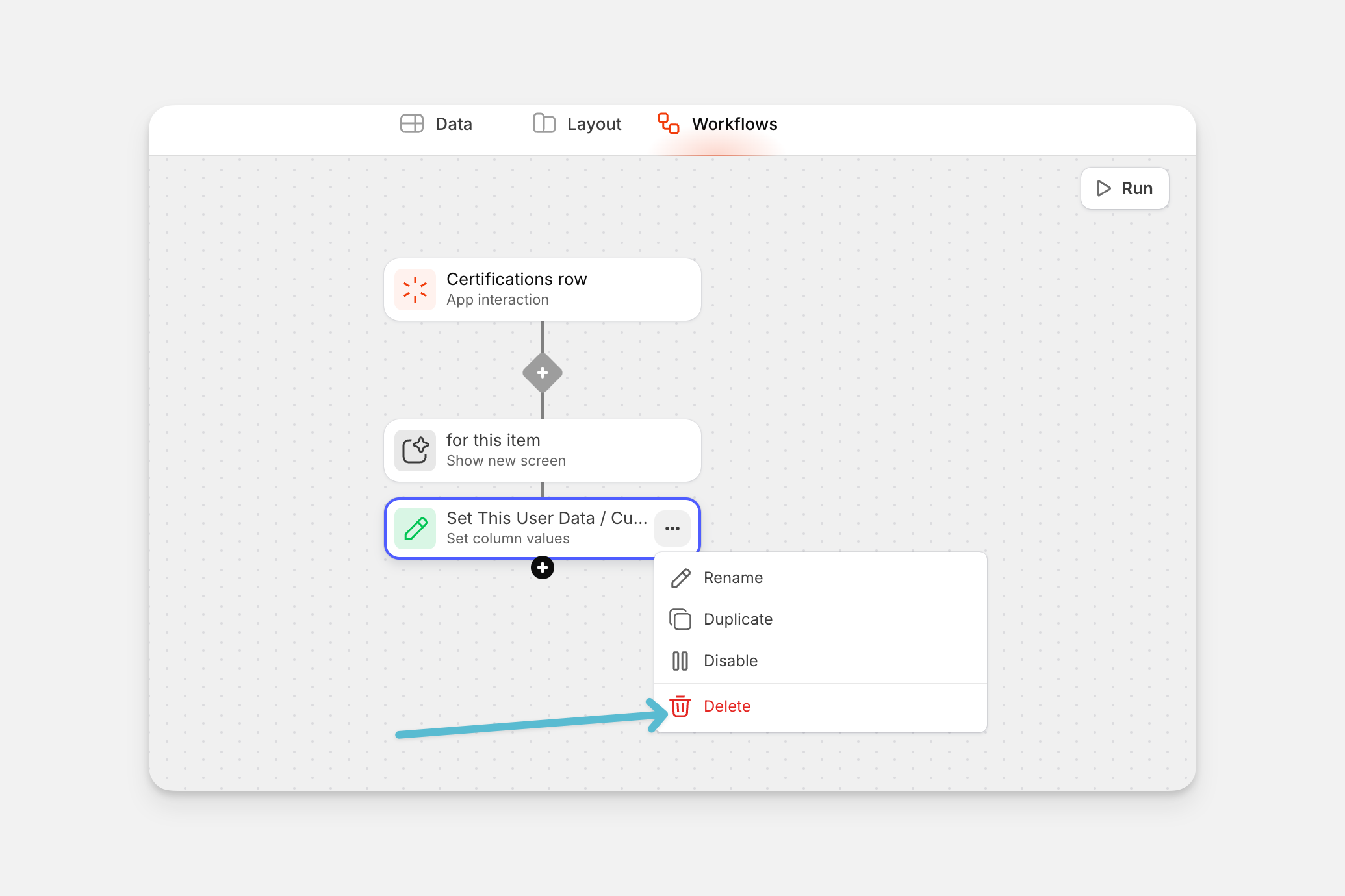 Deleting an action in a workflow.