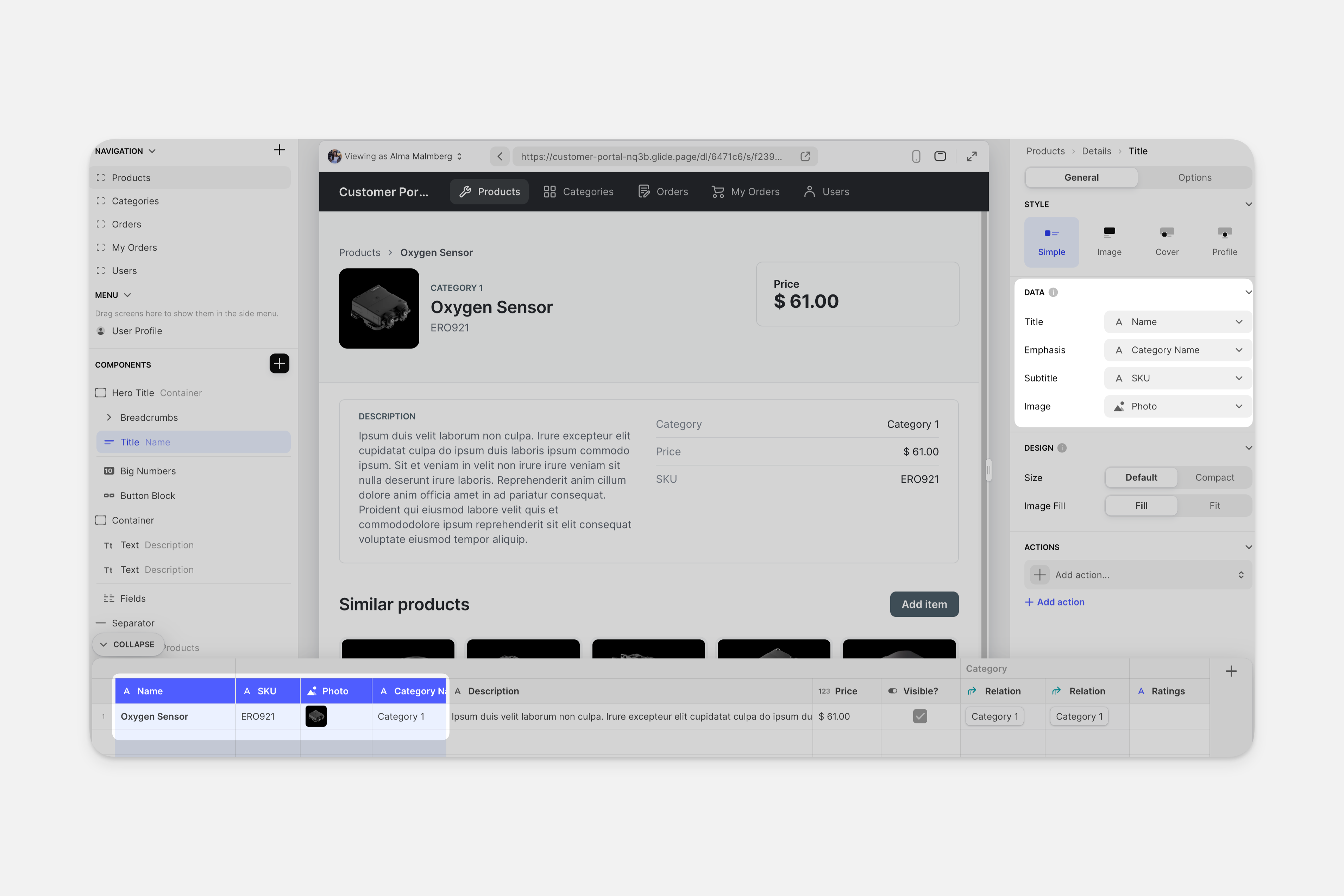 The configuration for the Collection Component (on the left) can show four columns from your table (right).
