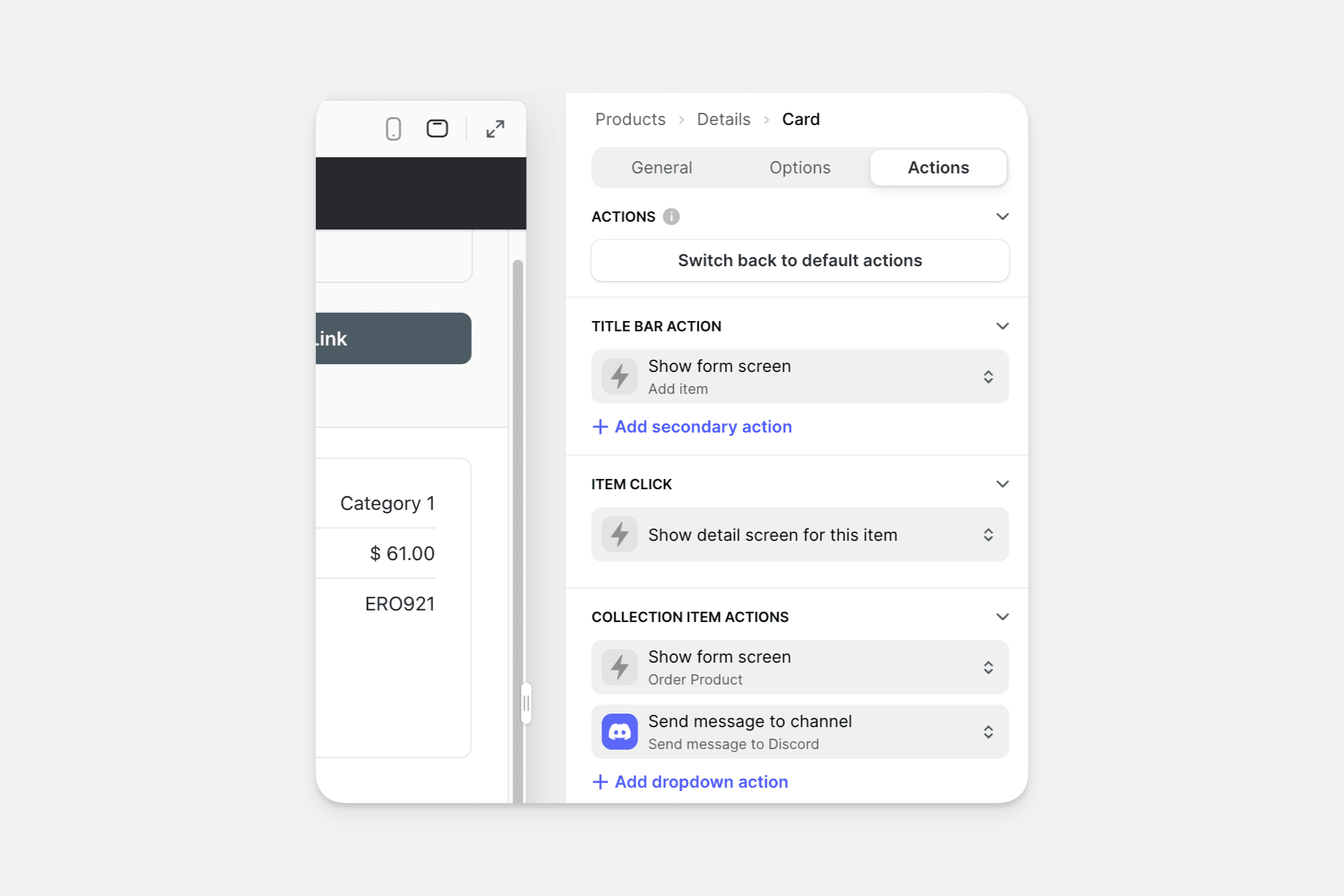 Configuring actions in a component.