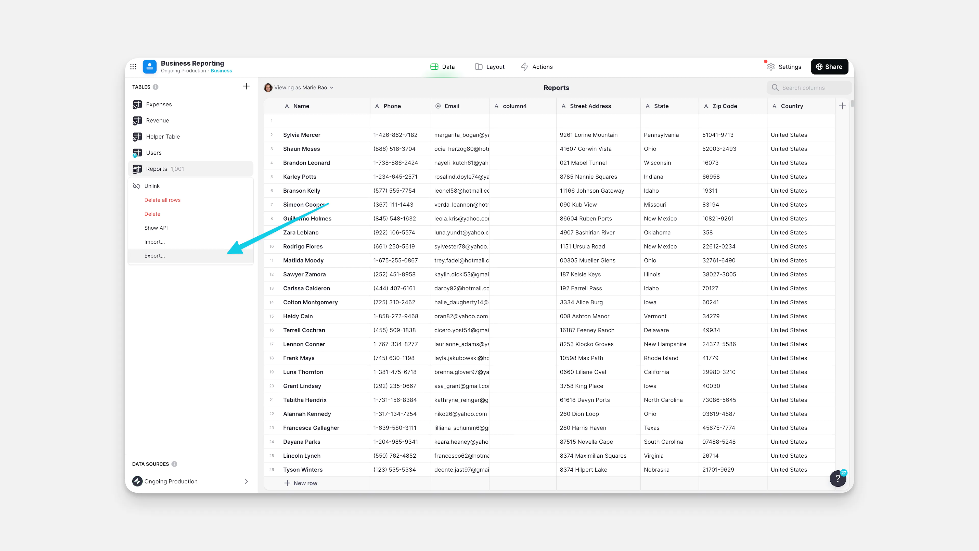 Exporting columns from a Big Table.