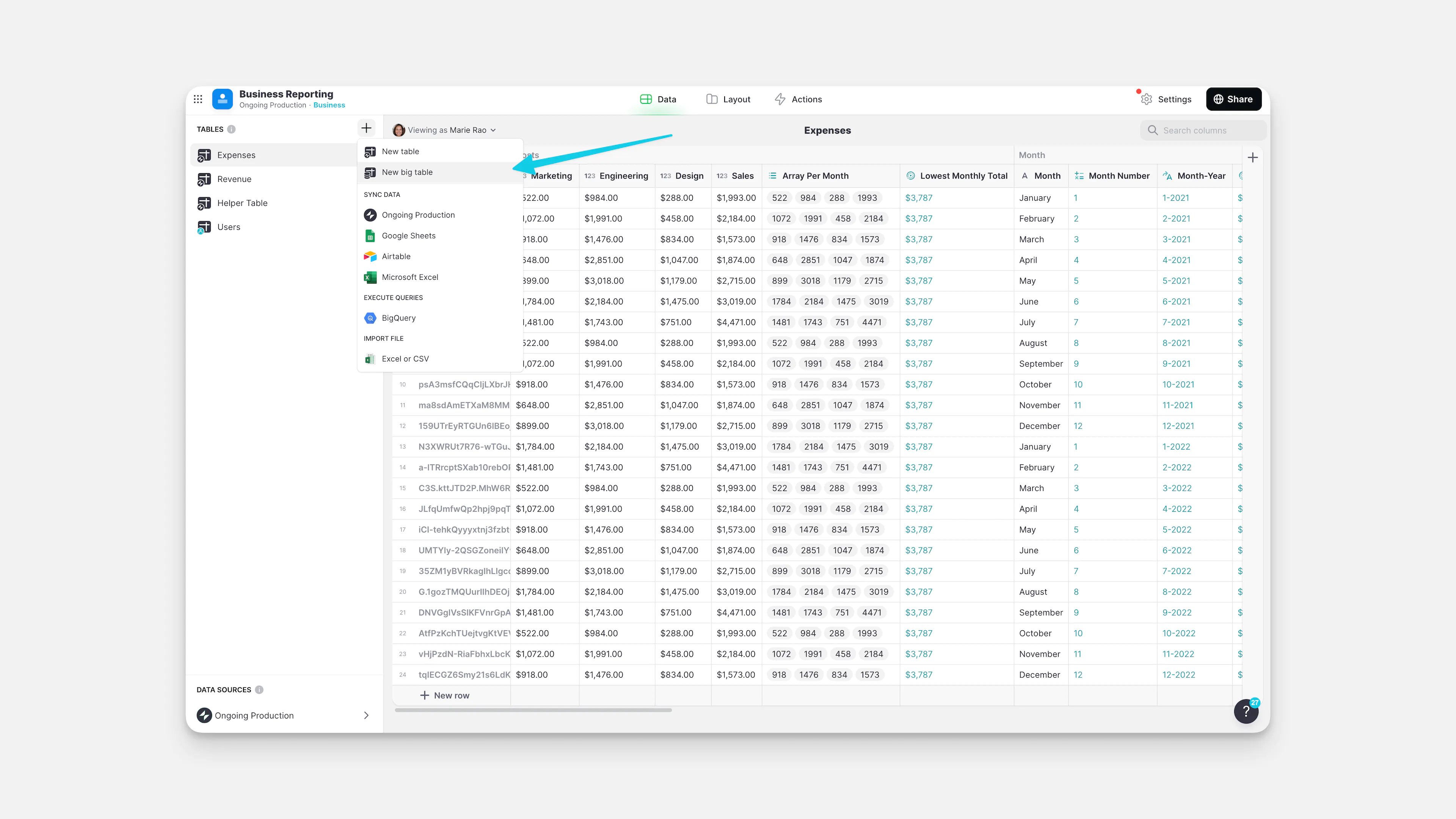 Creating a Big Table in the Data Editor.