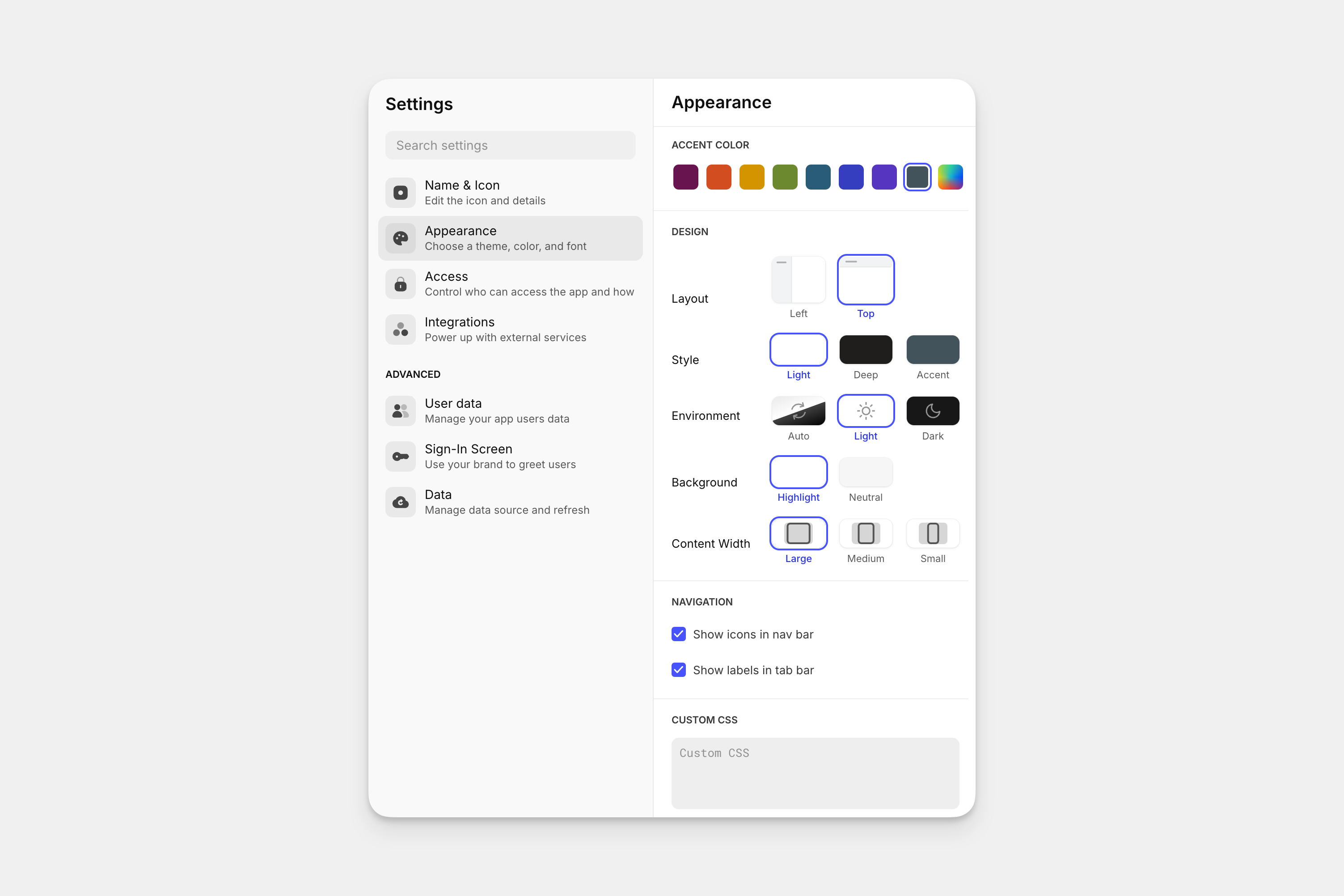 The Appearance settings section