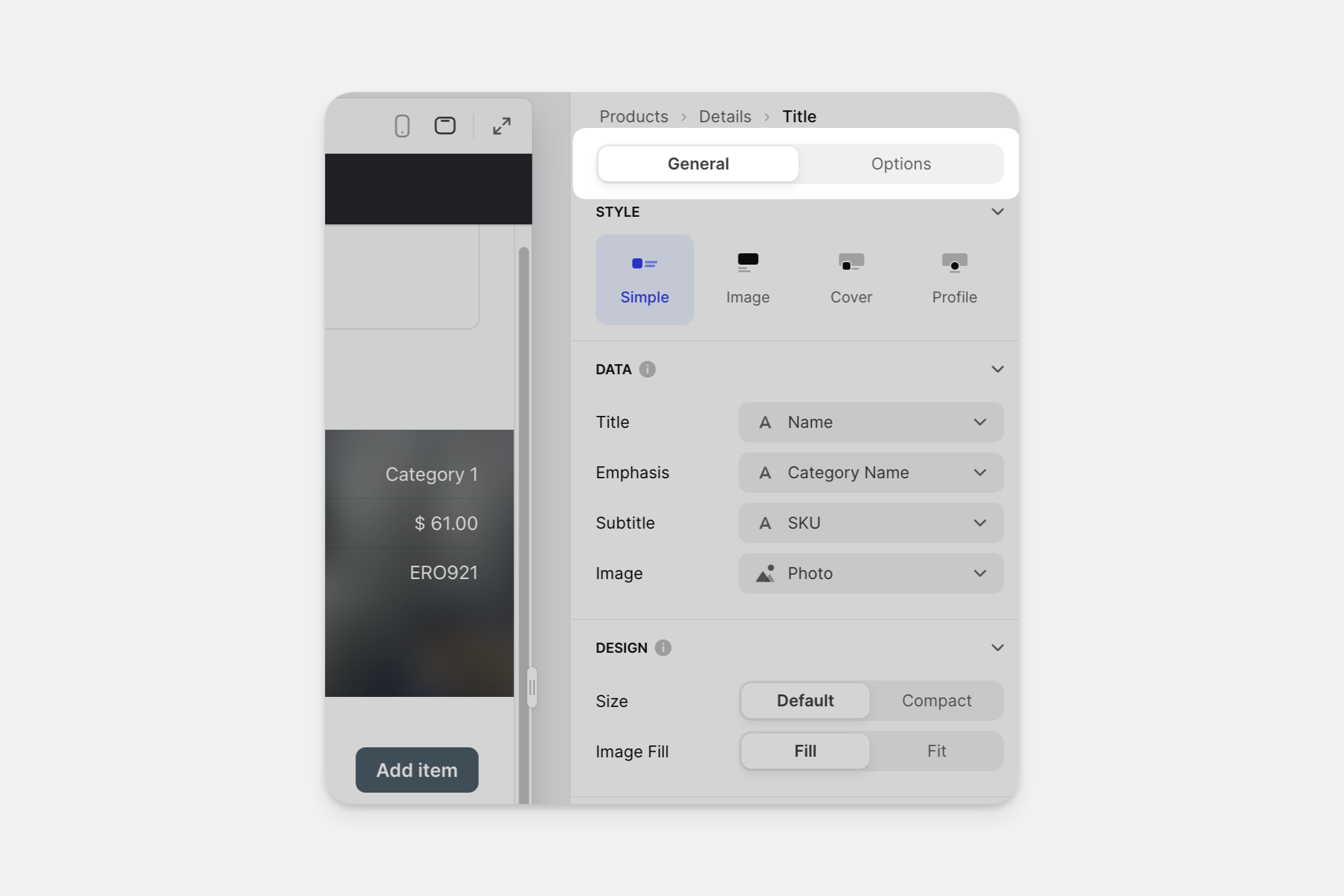 The Options tab within a component's configuration.