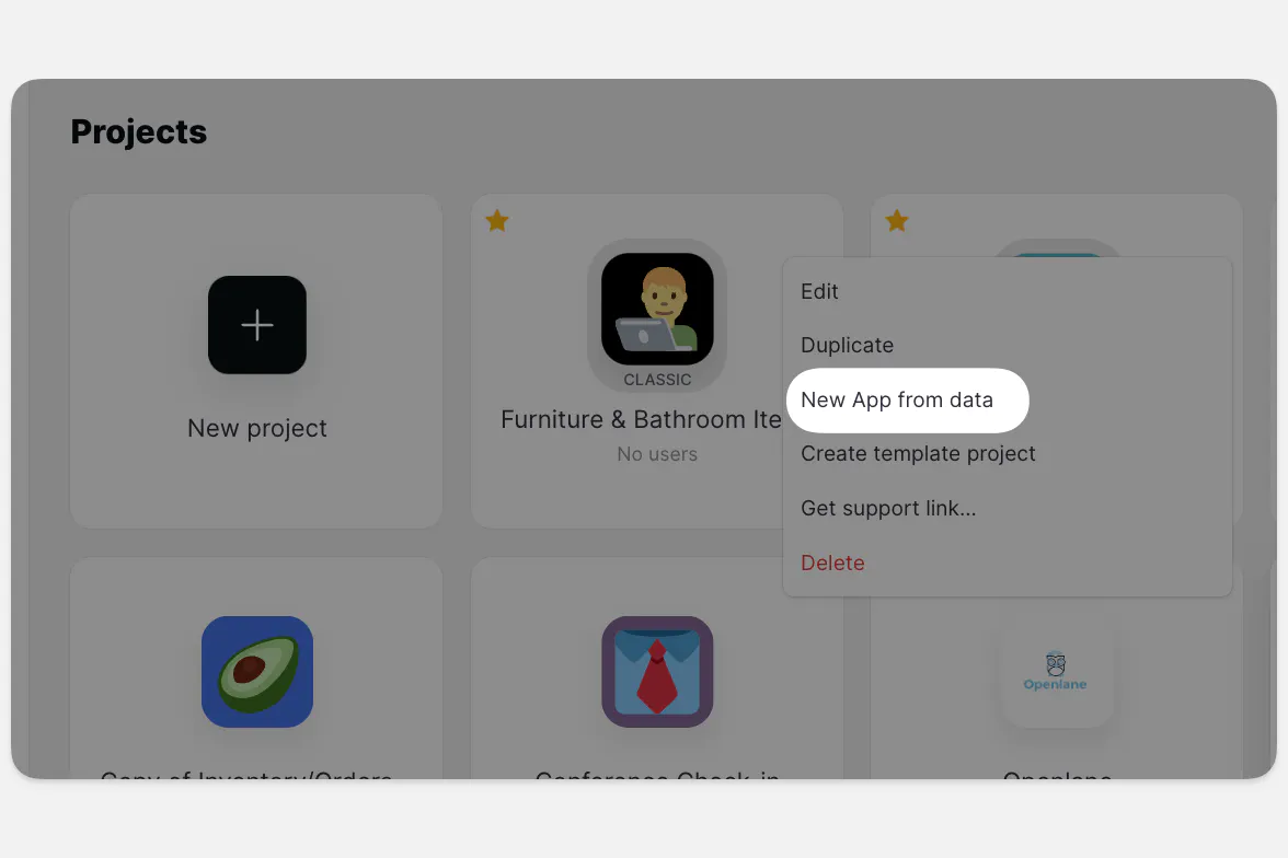 Creating a new app from data.